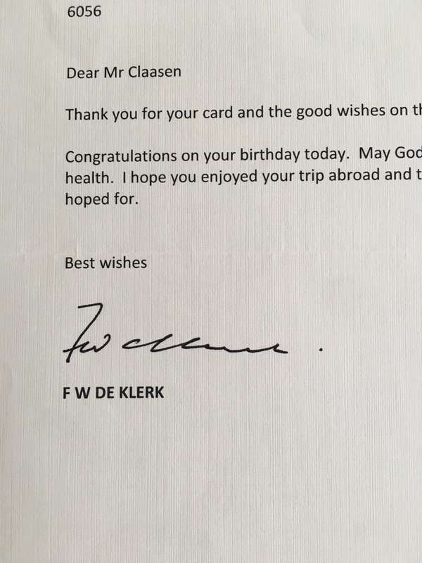 LOVELY SIGNED LETTER OF PAST PRESIDENT  FW DE KLERK