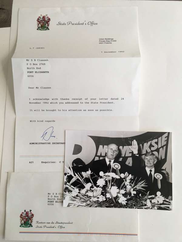 LOVELY LETTER OF PAST PRESIDENT FW DE KLERK`` S  OFFICE AN PRESS PHOTO