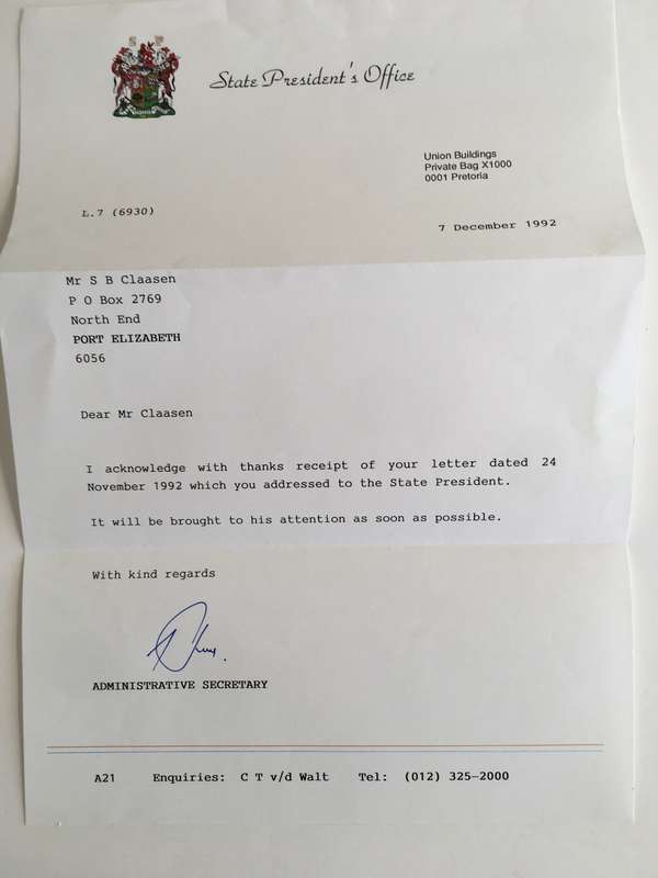 LOVELY LETTER OF PAST PRESIDENT FW DE KLERK`` S  OFFICE AN PRESS PHOTO