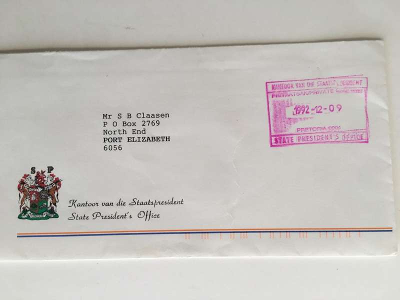 LOVELY LETTER OF PAST PRESIDENT FW DE KLERK`` S  OFFICE AN PRESS PHOTO