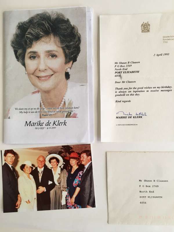 LOVELY LOT OF MARIKE DE KLERK WIFE OF PAST PRESIDENT ITEMS LETTER, BURIAL PROGRAMME AND PRESS PHOTO