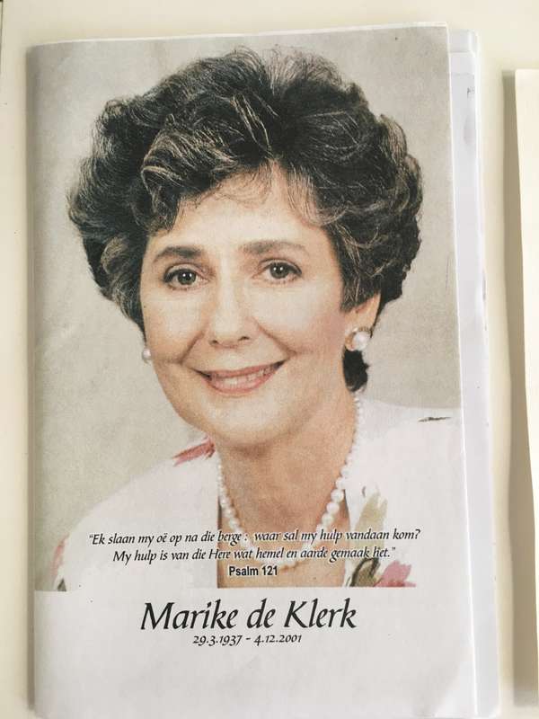 LOVELY LOT OF MARIKE DE KLERK WIFE OF PAST PRESIDENT ITEMS LETTER, BURIAL PROGRAMME AND PRESS PHOTO