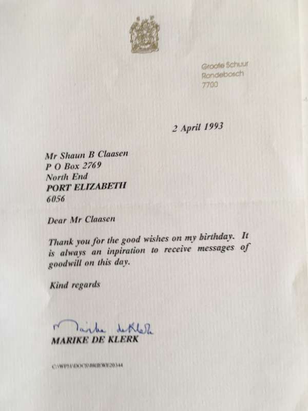 LOVELY LOT OF MARIKE DE KLERK WIFE OF PAST PRESIDENT ITEMS LETTER, BURIAL PROGRAMME AND PRESS PHOTO