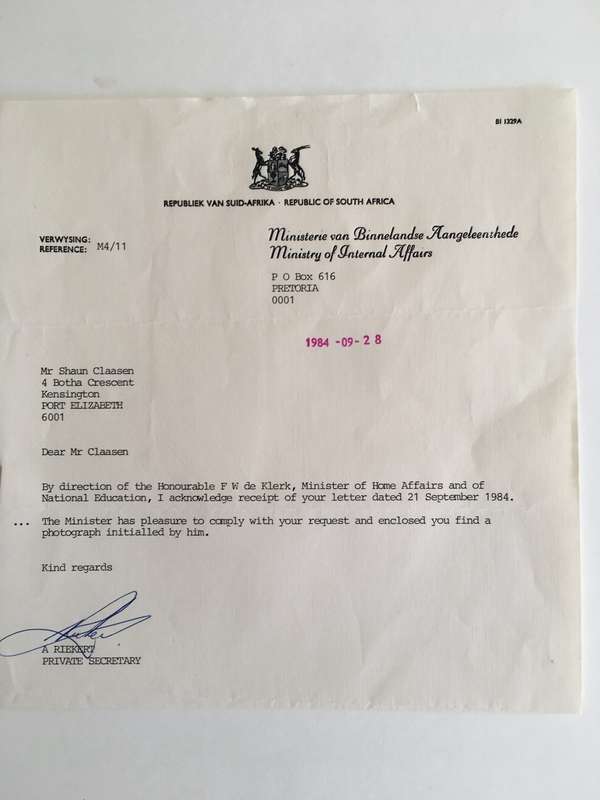 VINTAGE AUTOGRAPH OF MINISTER OF INTERNAL AFFAIRS - PAST PRESIDENT ALSO - FW DE KLERK