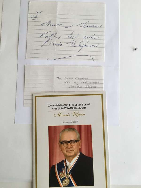 VINTAGE  BURIAL PROGRAMME OF PAST PRESIDENT MARAIS VILJOEN AND LETTER OF BOTH HIMSELF AND MRS