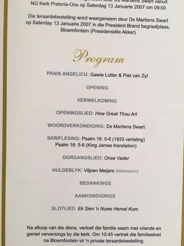 VINTAGE  BURIAL PROGRAMME OF PAST PRESIDENT MARAIS VILJOEN AND LETTER OF BOTH HIMSELF AND MRS