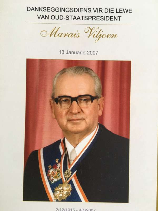VINTAGE  BURIAL PROGRAMME OF PAST PRESIDENT MARAIS VILJOEN AND LETTER OF BOTH HIMSELF AND MRS
