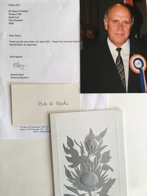 VINTAGE AUTOGRAPH OF ELITA DE KLERK  FORMER WIFE OF PAST PRESIDENT DE KLERK AND CARD PRESS PHOTO