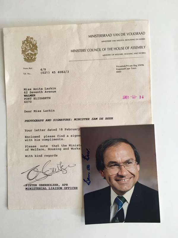 VINTAGE AUTOGRAPH  OF  PAST MINISTER  MR SAM DE BEER