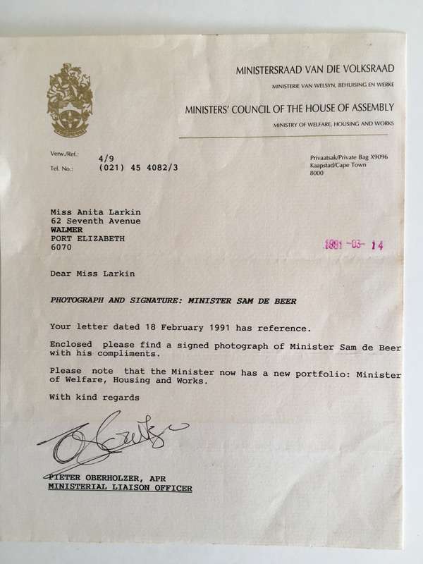 VINTAGE AUTOGRAPH  OF  PAST MINISTER  MR SAM DE BEER