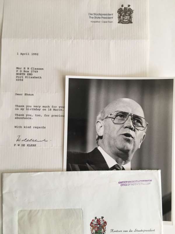 VINTAGE LETTER OF FORMER PRESIDENT FW DE KLERK AND PRESS PHOTO