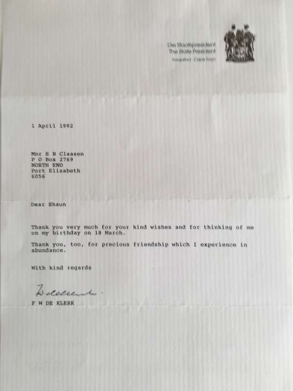 VINTAGE LETTER OF FORMER PRESIDENT FW DE KLERK AND PRESS PHOTO