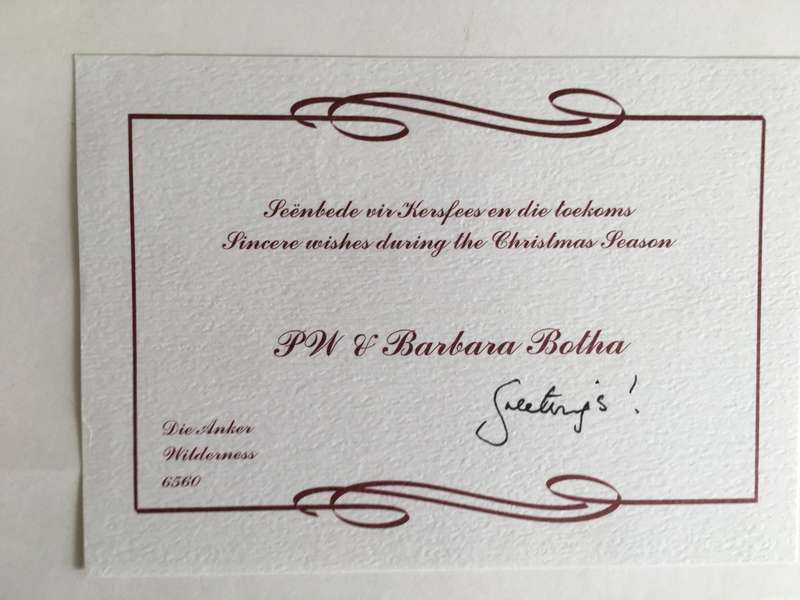 LOVELY SIGNED CARD BY FORMER PRESIDENT PW BOTHA   AND PRESS PHOTO