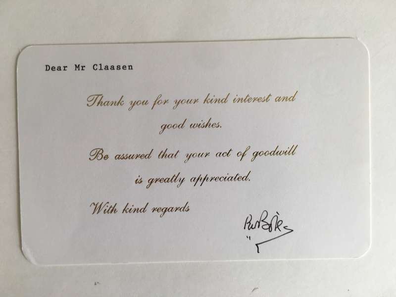 LOVELY SIGNED CARD BY FORMER PRESIDENT PW BOTHA   AND PRESS PHOTO