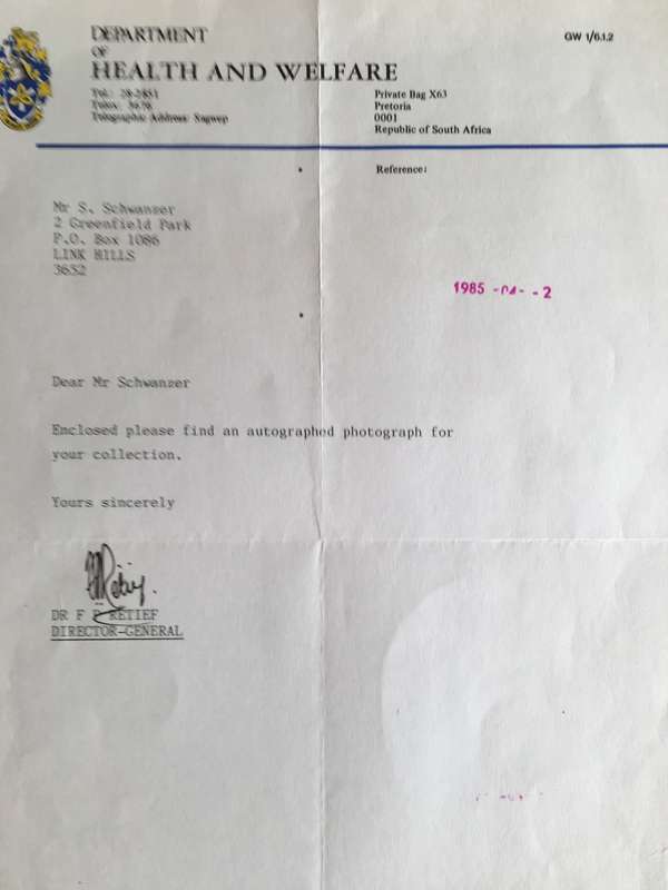 LOVELY AUTOGRAPH OF  DR FP RETIEF DIRECTOR-GENERAL  AND LETTER 1985