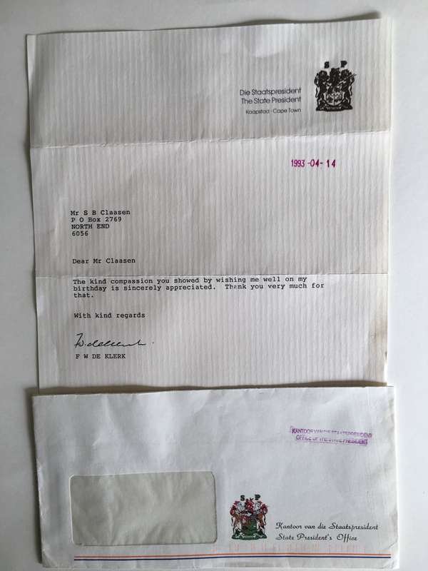 LOVELY LETTER OF FORMER PRESIDENT  FW DE KLERK SIGNED