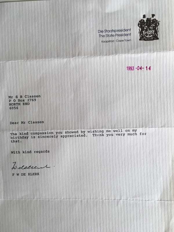 LOVELY LETTER OF FORMER PRESIDENT  FW DE KLERK SIGNED