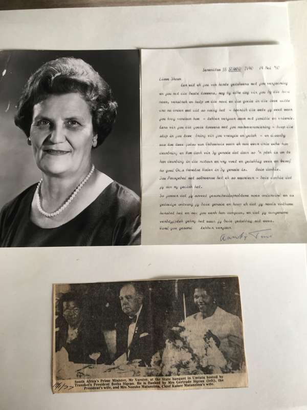 LOVELY PRESS PHOTO AND LETTER OF FORMER PRESIDENT WIFE MRS TINI VORSTER