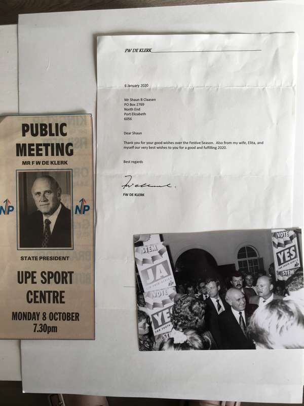 LOVELY AUTOGRAPHED LETTER OF FORMER PRESIDENT FW DE KLERK PRESS PHOTO  AND NEWSPAPER CLIPPING
