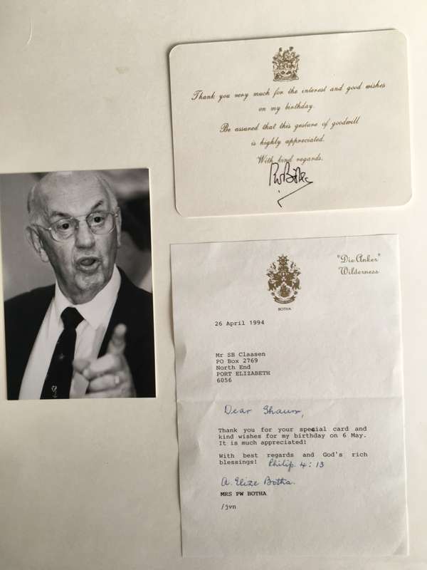 LOVELY AUTOGRAPHED CARD AND LETTER OF FORMER PRESIDENT PW. BOTHA AND MRS AND PRESS  PHOTO