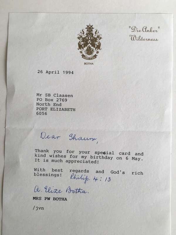 LOVELY AUTOGRAPHED CARD AND LETTER OF FORMER PRESIDENT PW. BOTHA AND MRS AND PRESS  PHOTO