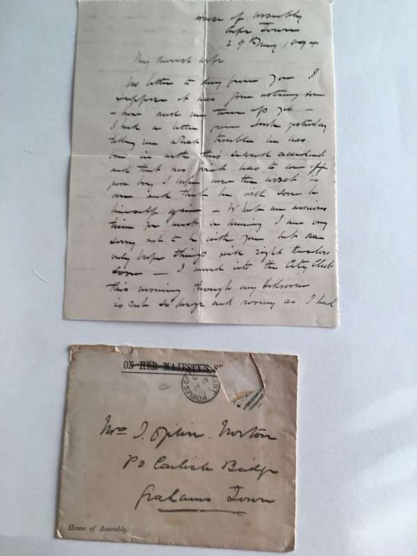 ANTIQUE LETTER  OF JOHN OGLIVINE MEMBER OF PARLIAMENT HOUSE OF ASSEMBLY CAPE OF GOOD HOPE  - 1840