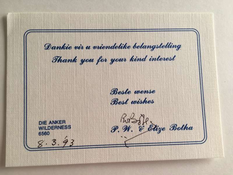 LOVELY  SIGNED THANK YOU CARD AND CHRISTMAS CARD OF FORMER PRESIDENT PW BOTHA