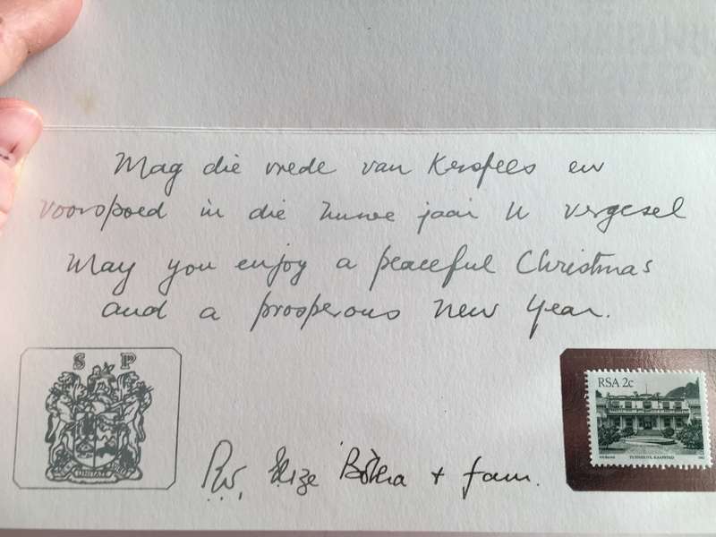 LOVELY  SIGNED THANK YOU CARD AND CHRISTMAS CARD OF FORMER PRESIDENT PW BOTHA