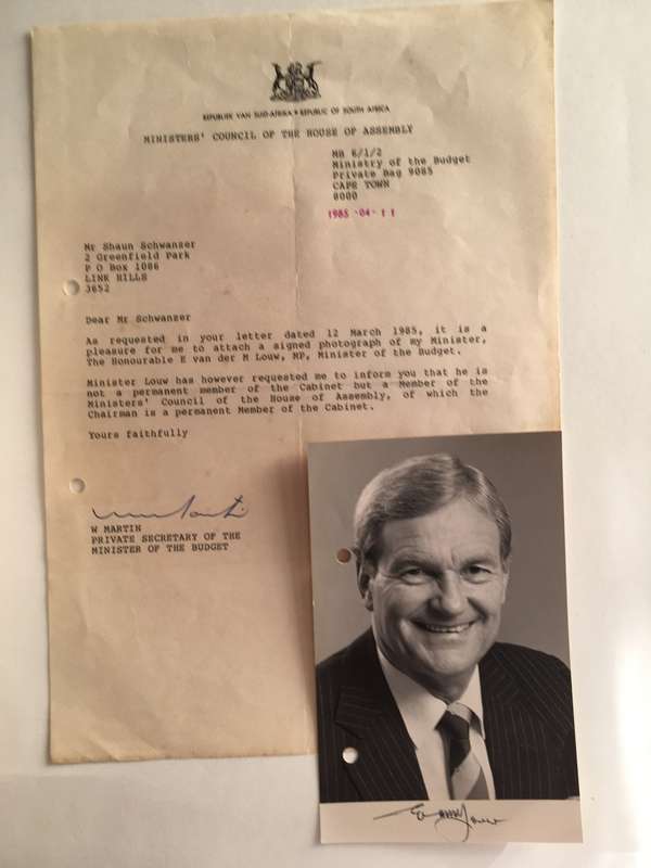 LOVELY AUTOGRAPHED PHOTO AND LETTER OF FORMER MINISTER OF THE BUDGET - 1985
