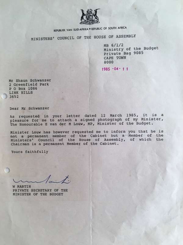 LOVELY AUTOGRAPHED PHOTO AND LETTER OF FORMER MINISTER OF THE BUDGET - 1985
