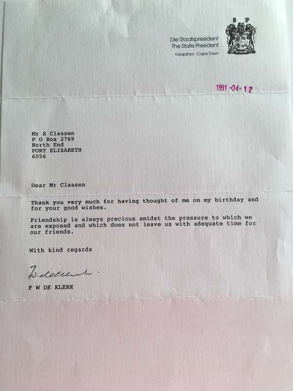 LOVELY SIGNED LETTER AND CV OF FORMER PRESIDENT FW DE KLERK -  1991