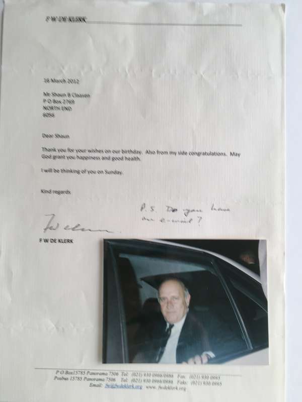LOVELY LETTER SIGNED BY FORMER PRESIDENT FW DE KLERK AND PHOTO