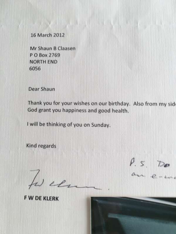 LOVELY LETTER SIGNED BY FORMER PRESIDENT FW DE KLERK AND PHOTO