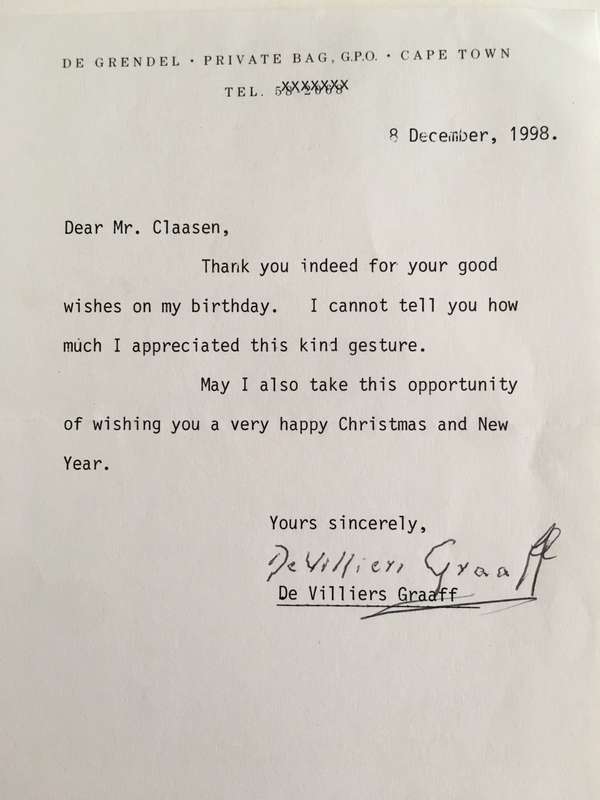 LOVELY SIGNED LETTER - SIR DE VILLIERS GRAAFF LEADER OF THE UNITED PARTY - 1972