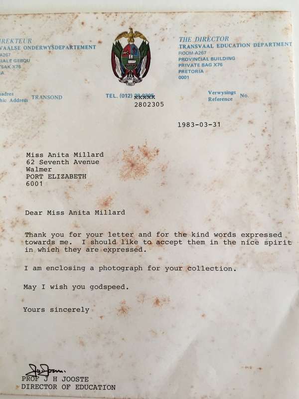 LOVELY SIGNED PHOTO OF PROF J.H. JOOSTE DIRECTOR OF EDUCATION  - 1983