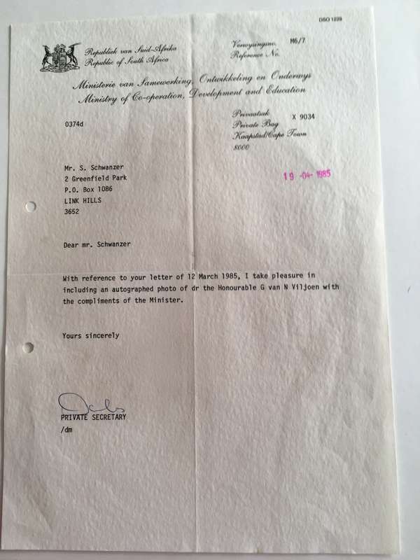 LOVELY AUTOGRAPHED  PHOTO OF FORMER MINISTER  - G. VAN VILJOEN - 1985 AND LETTER