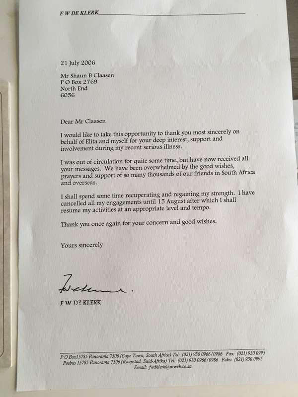 LOVELY VINTAGE LETTER AUTOGRAPHED BY FORMER PRESIDENT FW DE KLERK AND CARD -1994