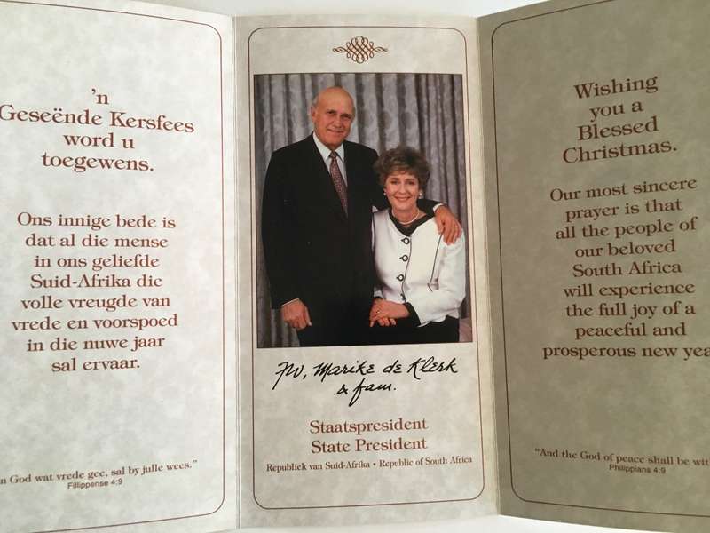 LOVELY VINTAGE LETTER AUTOGRAPHED BY FORMER PRESIDENT FW DE KLERK AND CARD -1994