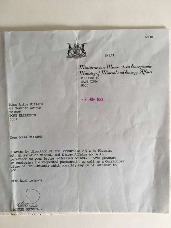 LOVELY AUTOGRAPH OF THEN MINISTER OF MINERAL AND ENERGY AFFAIRS AND LETTER  - 1983