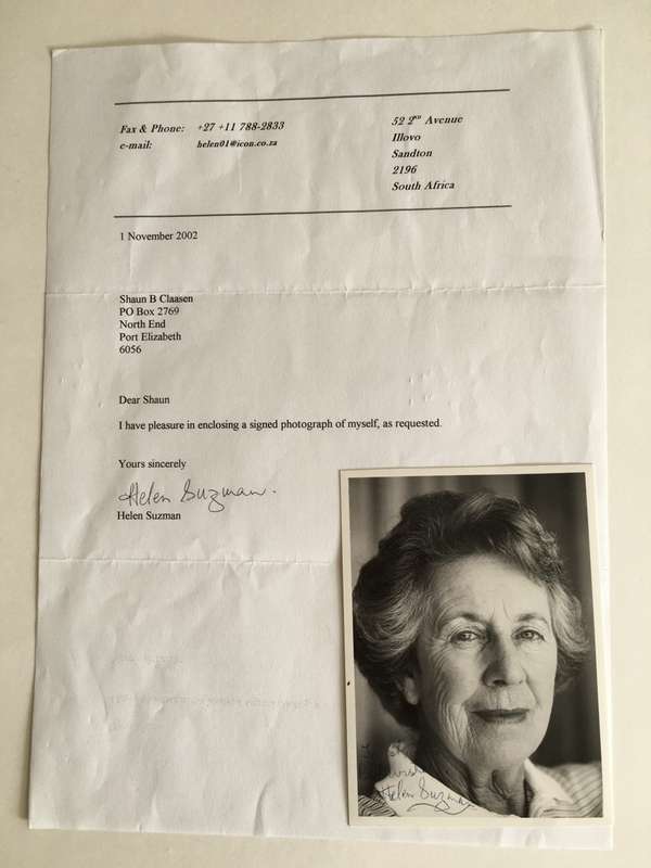 LOVELY HELEN SUZMAN AUTOGRAPHED PHOTO AND LETTER - 2002