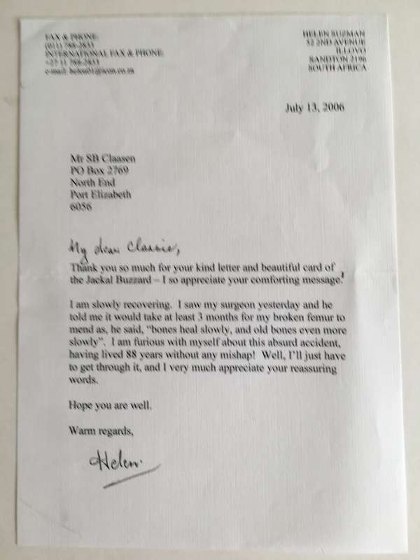 LOVELY SIGNED LETTER OF HELEN SUZMAN FORMER ACTIVIST - 2006