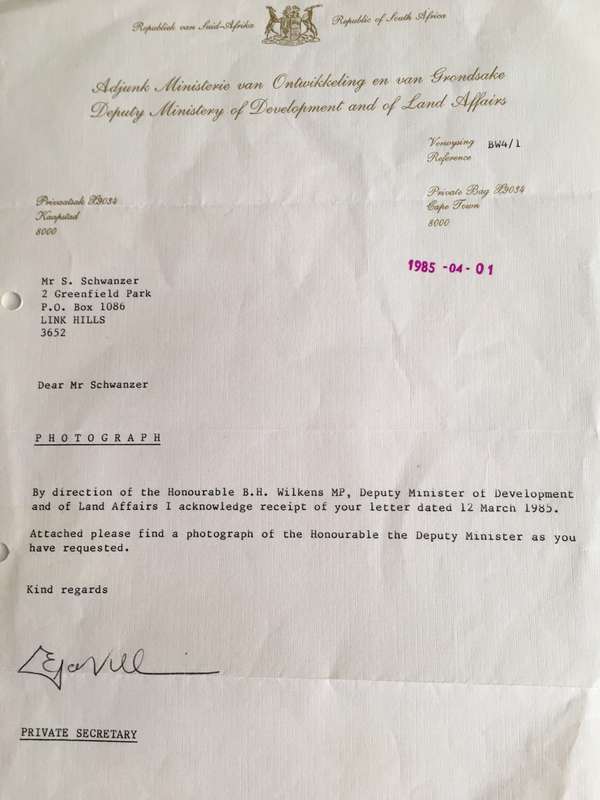 LOVELY  AUTOGRAPH AND LETTER FORMER MINISTER DEPUTY LAND AFFAIRS - 1985  B.H. WILKENS - 1985