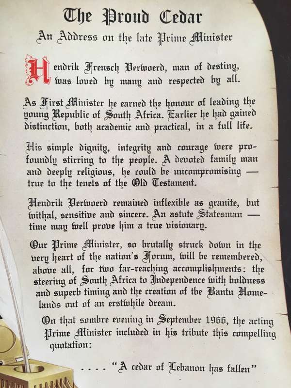 VINTAGE THE PROUD CEDAR - AN ADDRESS ON THE LATE PRIME MINISTER - HF VERWOERD  - 1966