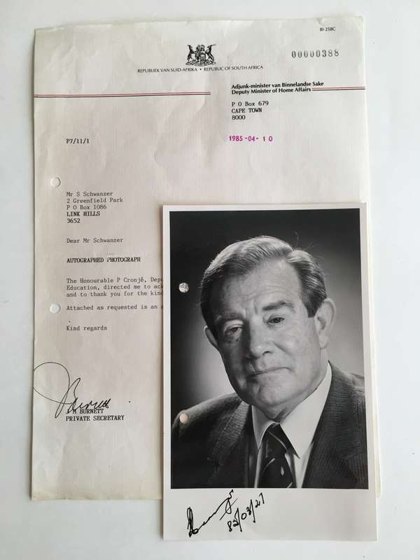 LOVELY VINTAGE AUTOGRAPH AND LETTER OF FORMER MINISTER P CRONJE - 1985
