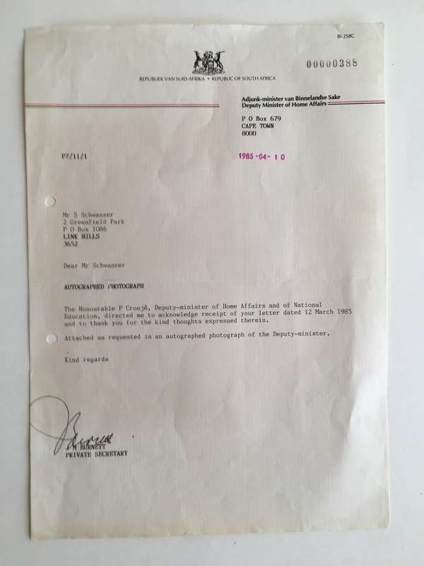 LOVELY VINTAGE AUTOGRAPH AND LETTER OF FORMER MINISTER P CRONJE - 1985