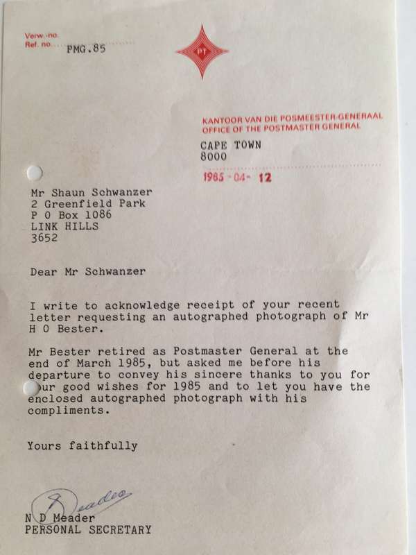 LOVELY AUTOGRAPH OF FORMER POSTMASTER GENERAL MR BESTER - 1985