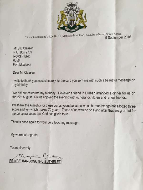 LOVELY AUTOGRAPHED LETTER OF - FORMER LEADER OF THE IFP - MANGOSUTHU BUTHELEZI 2007