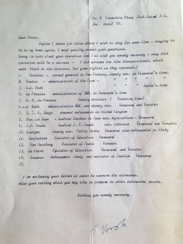 LOVELY LETTER FROM FORMER PRESIDENT WIFE MRS TINI VORSTER - 1984