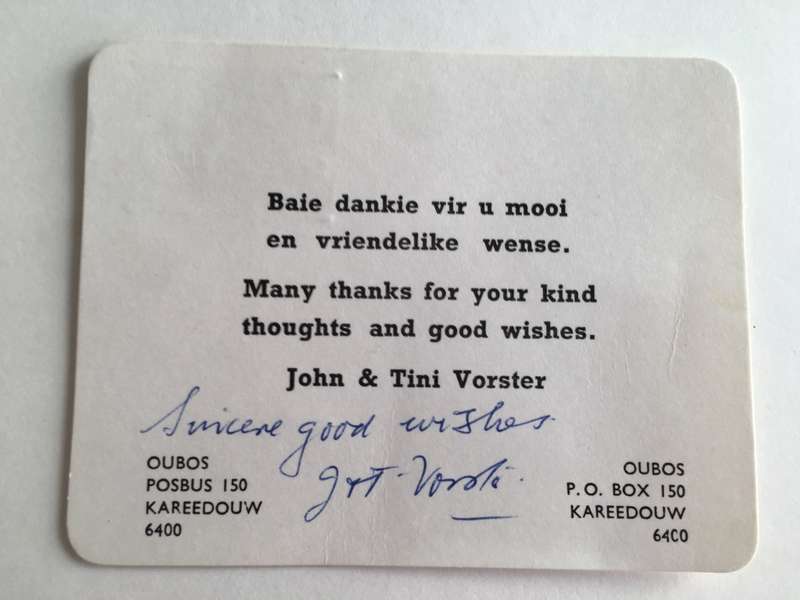 LOVELY THANK YOU CARD FROM FORMER PRESIDENT WIFE MRS TINI VORSTER