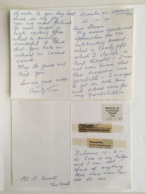 TWO LOVELY CARDS FROM FORMER PRESIDENT WIFE  MRS TINI VORSTER